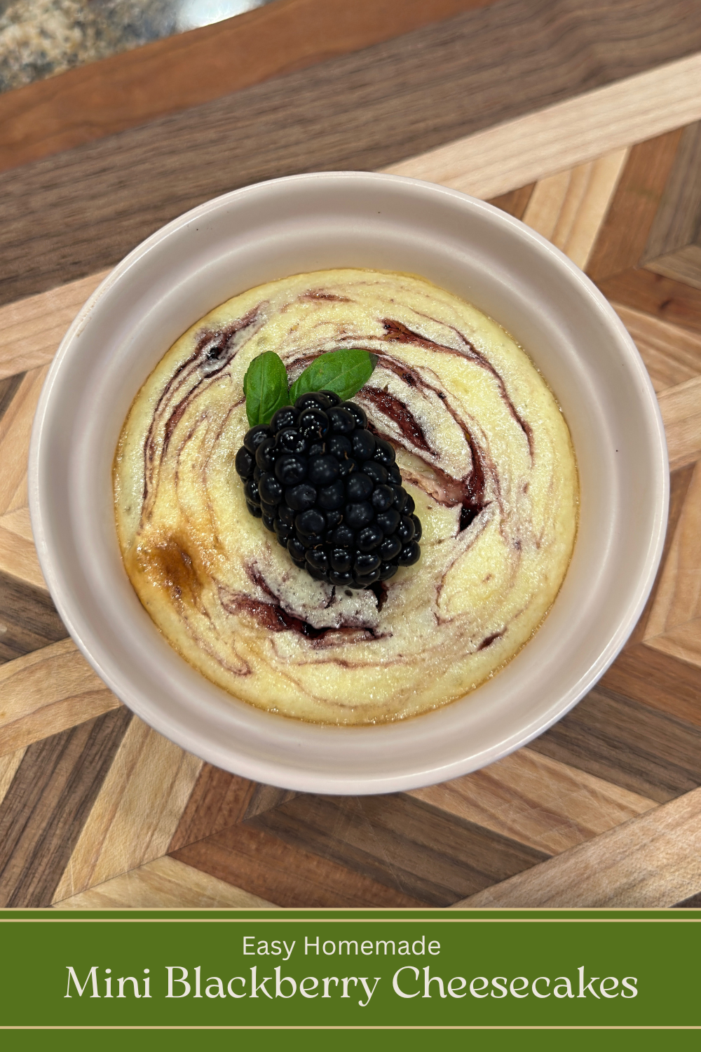 mini blackberry cheesecake in a ramekin